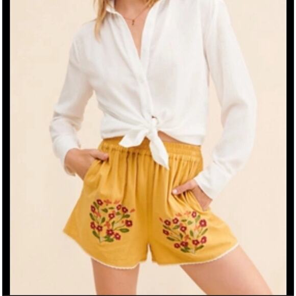 Anthropologie Meadows Caspia Embroidered Yellow Floral shorts US 2 - Picture 1 of 5
